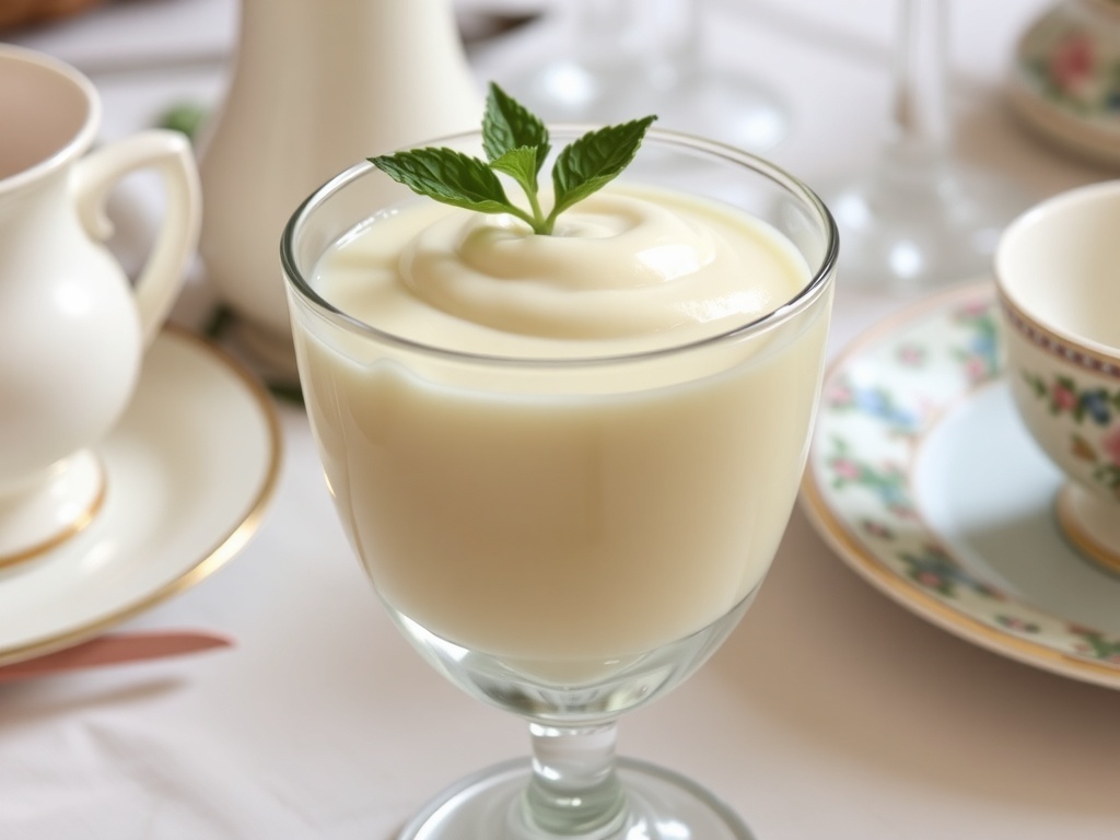 Elegant glass of syllabub dessert topped with mint, set on a vintage table.